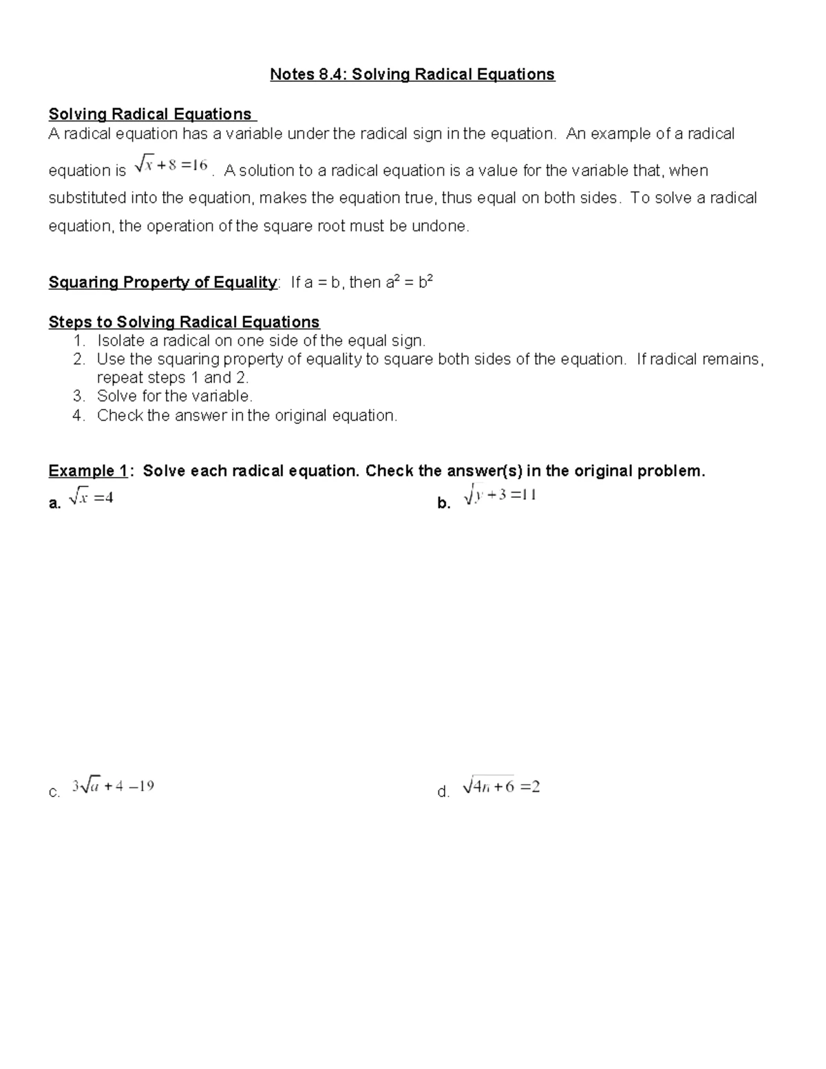 Notes on Solving Quadratic Equations Using Square Root Property & Quad ...