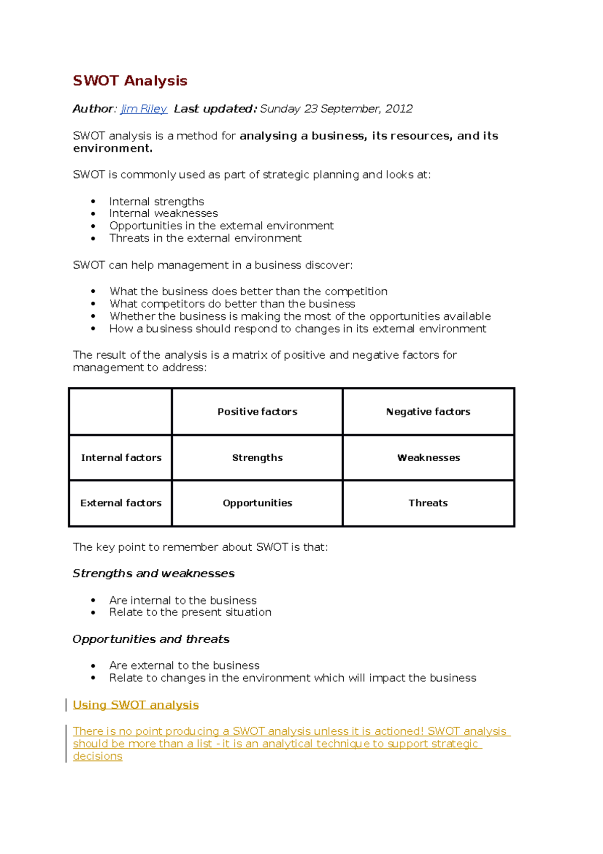 SWOT Analysis - Lecture notes 1 - SWOT Analysis Author: Jim Riley Last ...