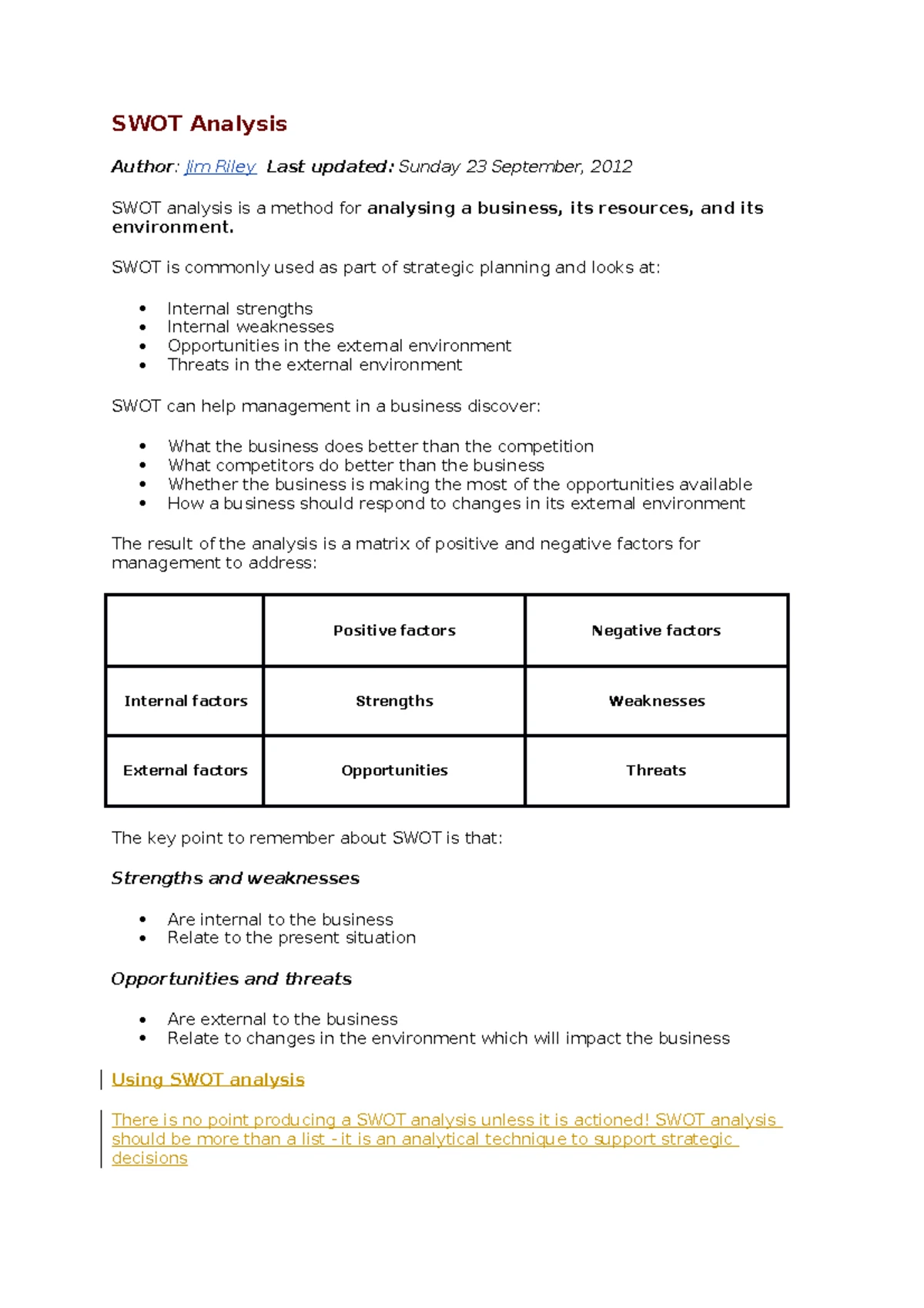 SWOT Analysis - Lecture notes 1 - SWOT Analysis Author: Jim Riley Last ...