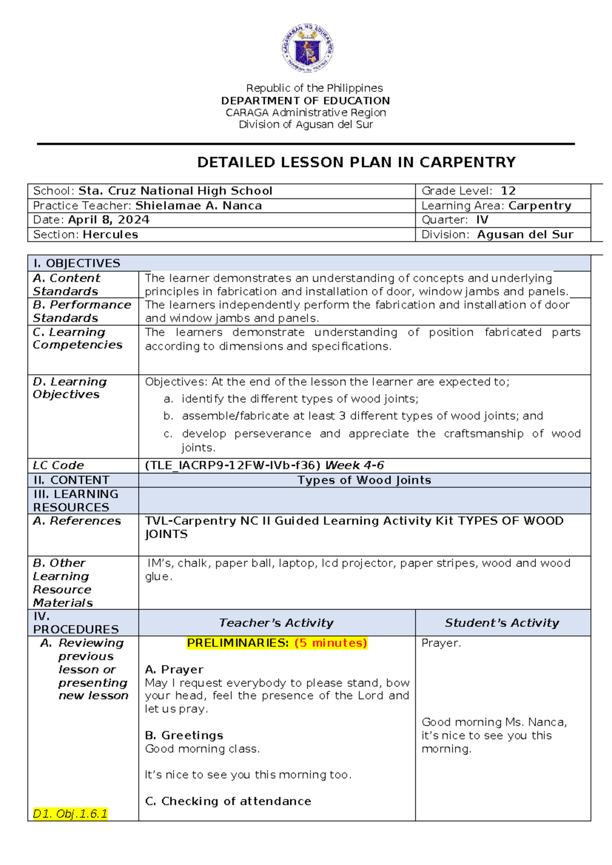 Detailed Lesson Plan in Carpentry (EDUCATION 12) - Final Exam - Studocu