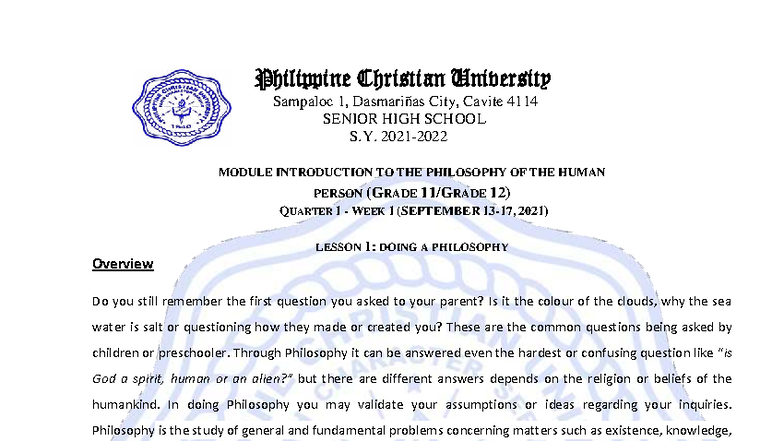 PCU SHS G12 Module: Intro to Philosophy of the Human Person - Q1 W1 ...