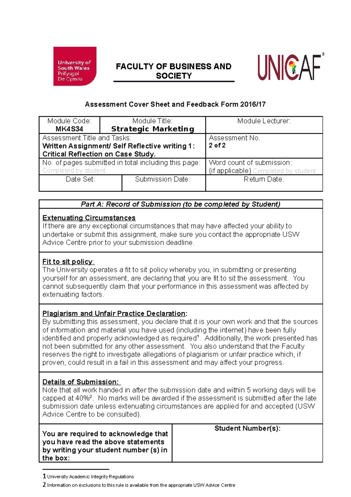 USW - MK4S Assessment Cover Sheet & Feedback for Assignment 2 - Studocu