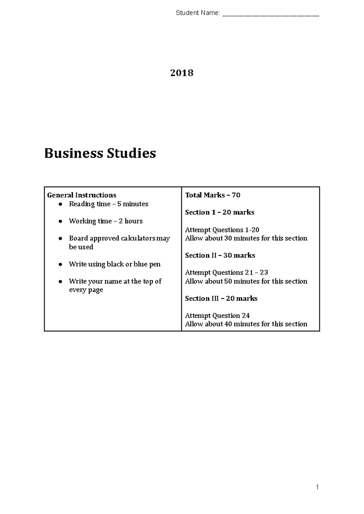 2018 Year 11 Business Studies Preliminary Exam Instructions & Questions ...