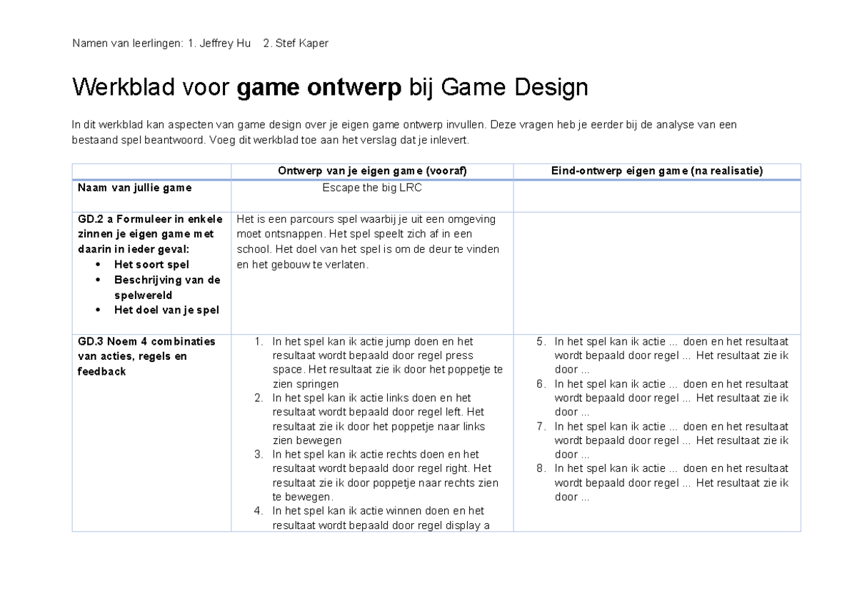 Game Design Werkblad: Ontwerp van Eigen Game GD.2 - Studeersnel