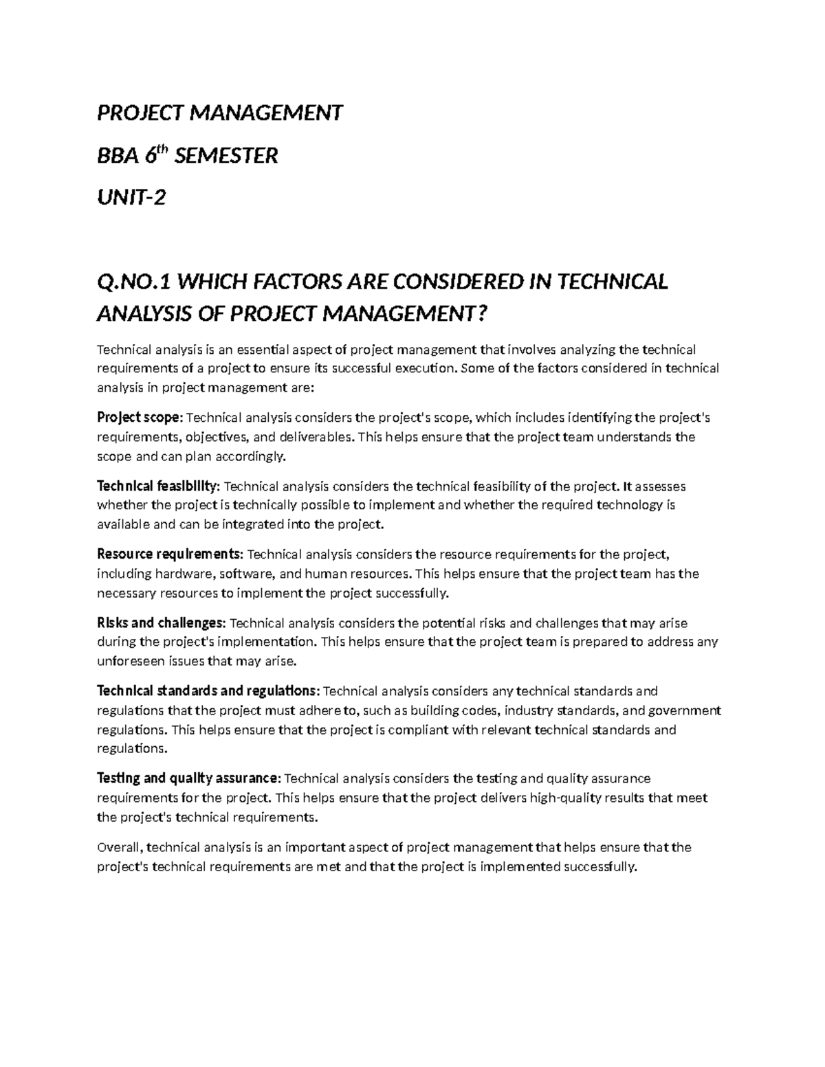 PROJECT MANAGEMENT BBA 6TH SEMESTER: TECHNICAL ANALYSIS & LOCATION ...
