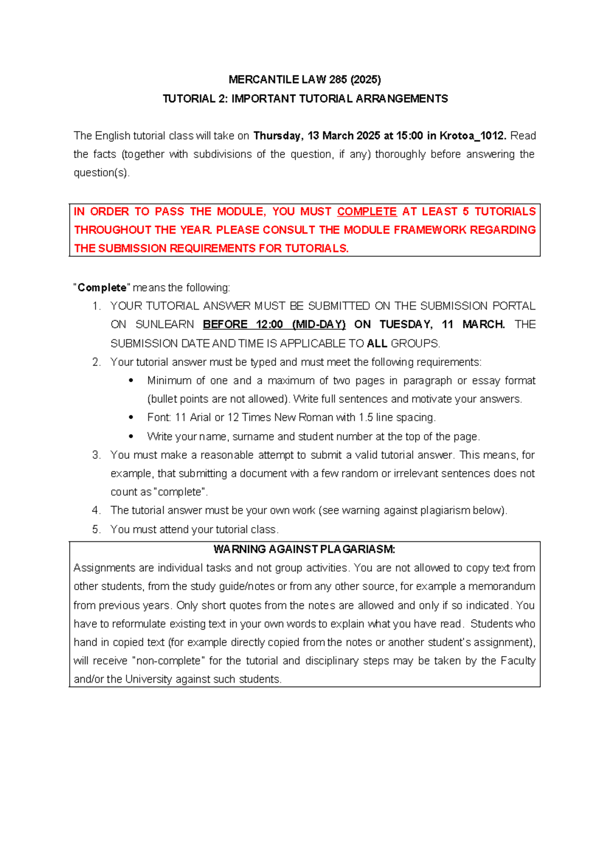 ML 285 Tutorial 2 - My answers for class - MERCANTILE LAW 285 (2025 ...