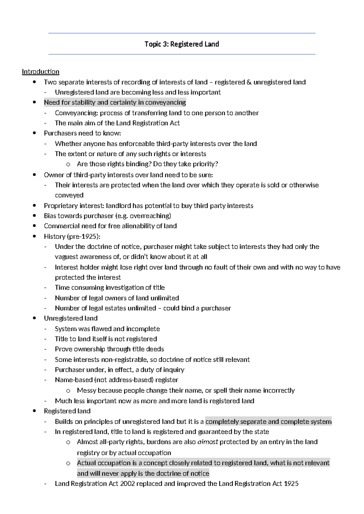 Lecture Notes on Registered Land (Land Law) - Topic 3 - Studocu