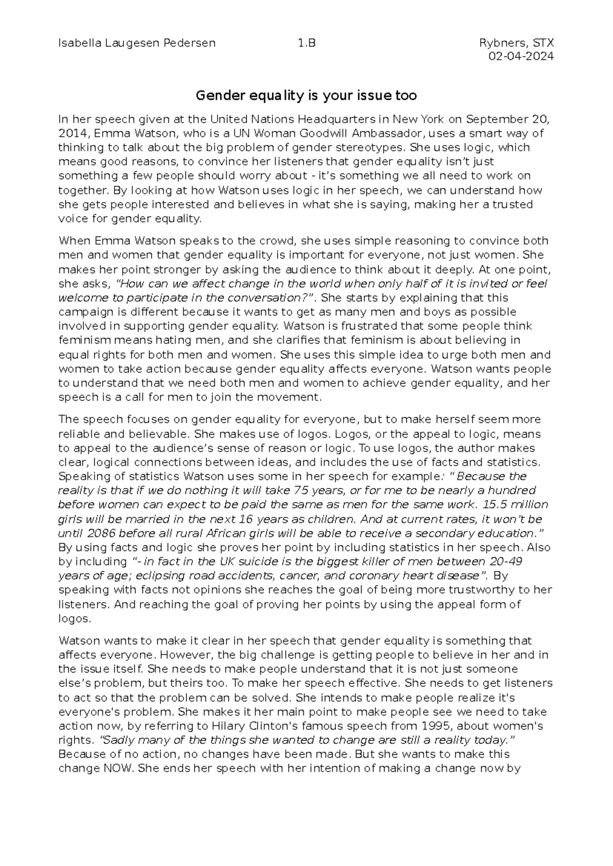 Assignment 3: Analyzing Emma Watson's Speech on Gender Equality - Studocu