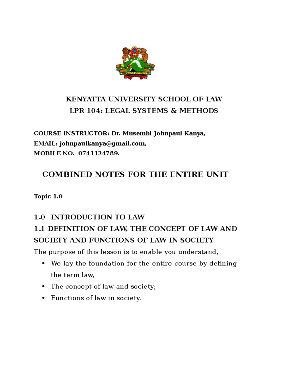 LPR 104: Comprehensive Legal Systems & Methods Lecture Notes - Studocu