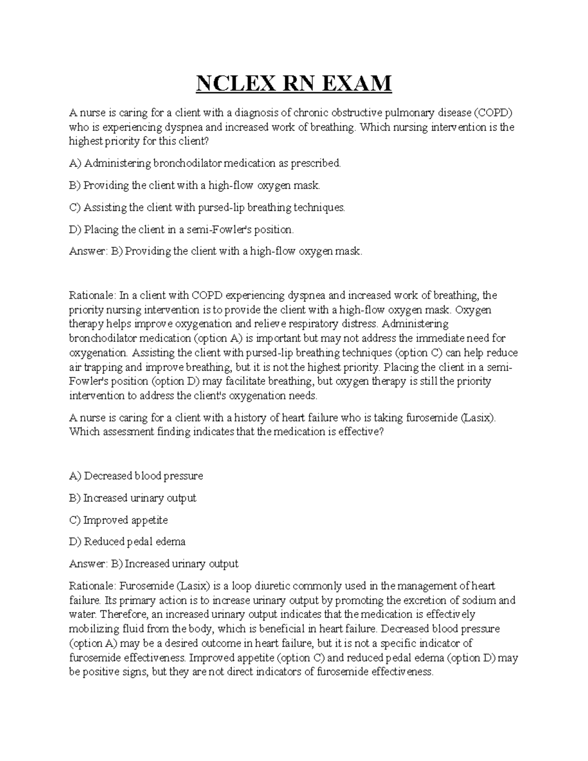 Nclex rn exam key nursing interventions for copd and other conditions