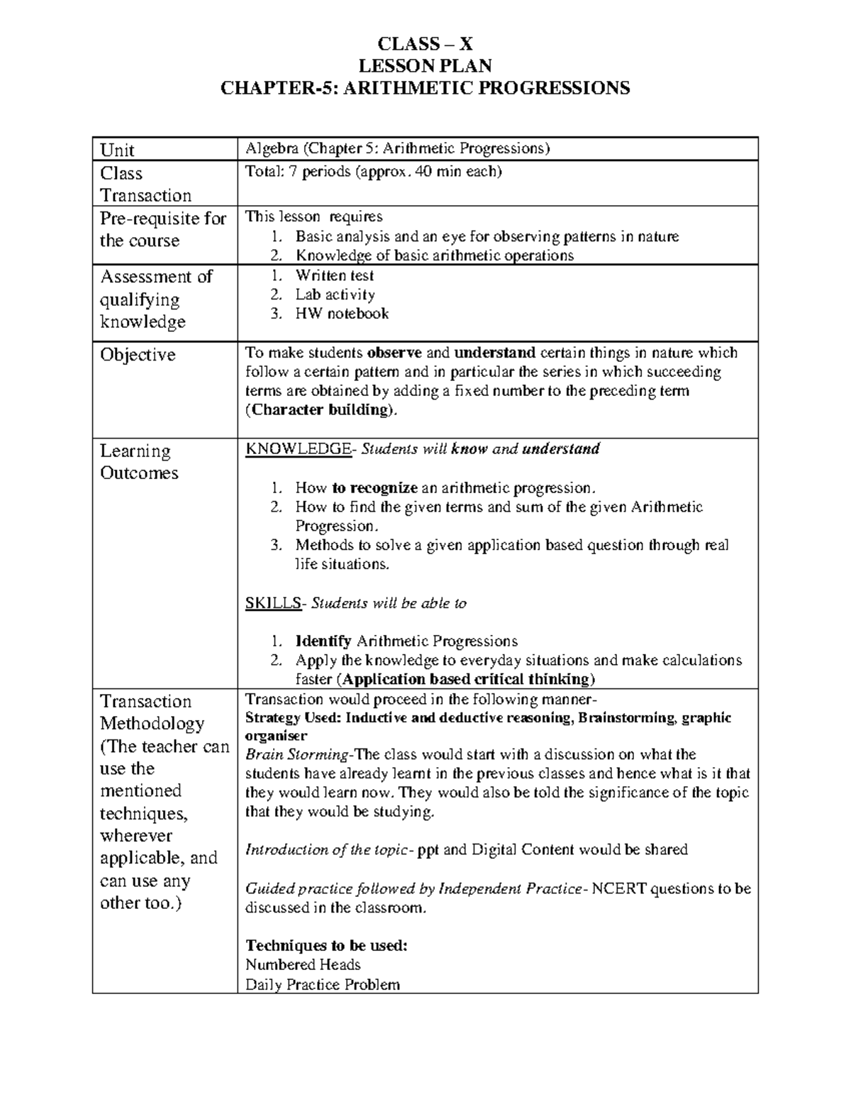Chapter 5: Arithmetic Progressions - Lesson Plan for Class X - Studocu