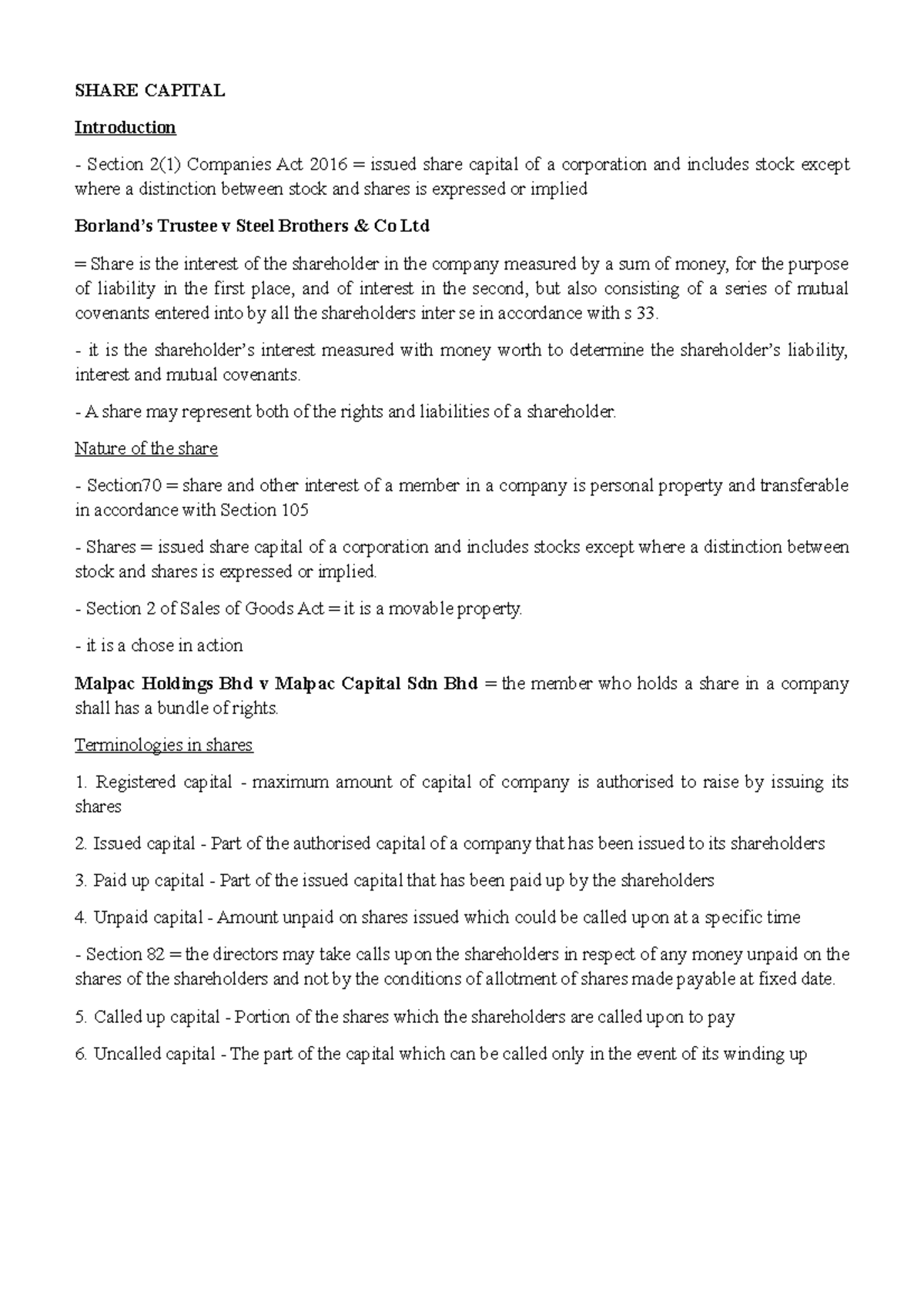 Share Capital - Lecture Notes on Corporate Financing Concepts - Studocu