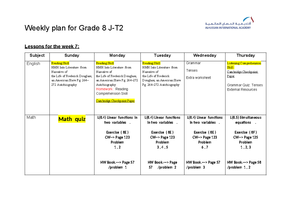 Grade 8 Weekly Plan: English, Math, Chemistry, Biology & More - Studocu