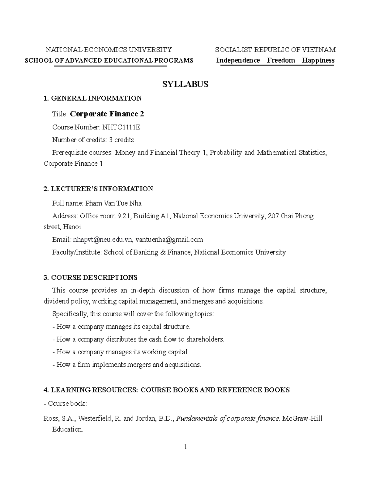 Corporate Finance 2 Syllabus (NHTC1111E) and Course Overview - Studocu