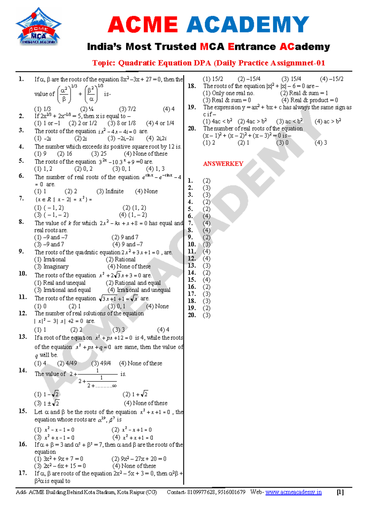 ACME DPA-01 Quadratic Equation Practice Questions - Studocu