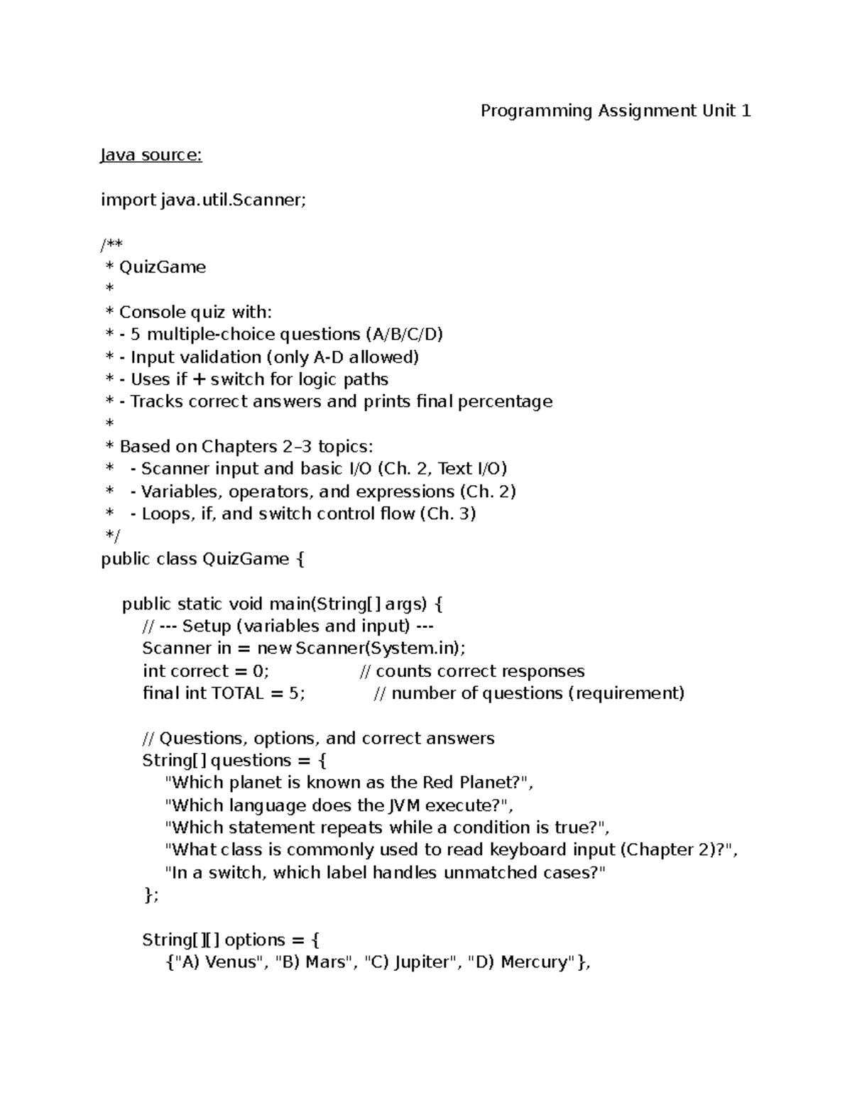Programming Assignment Unit 1: Java QuizGame Implementation - Studocu