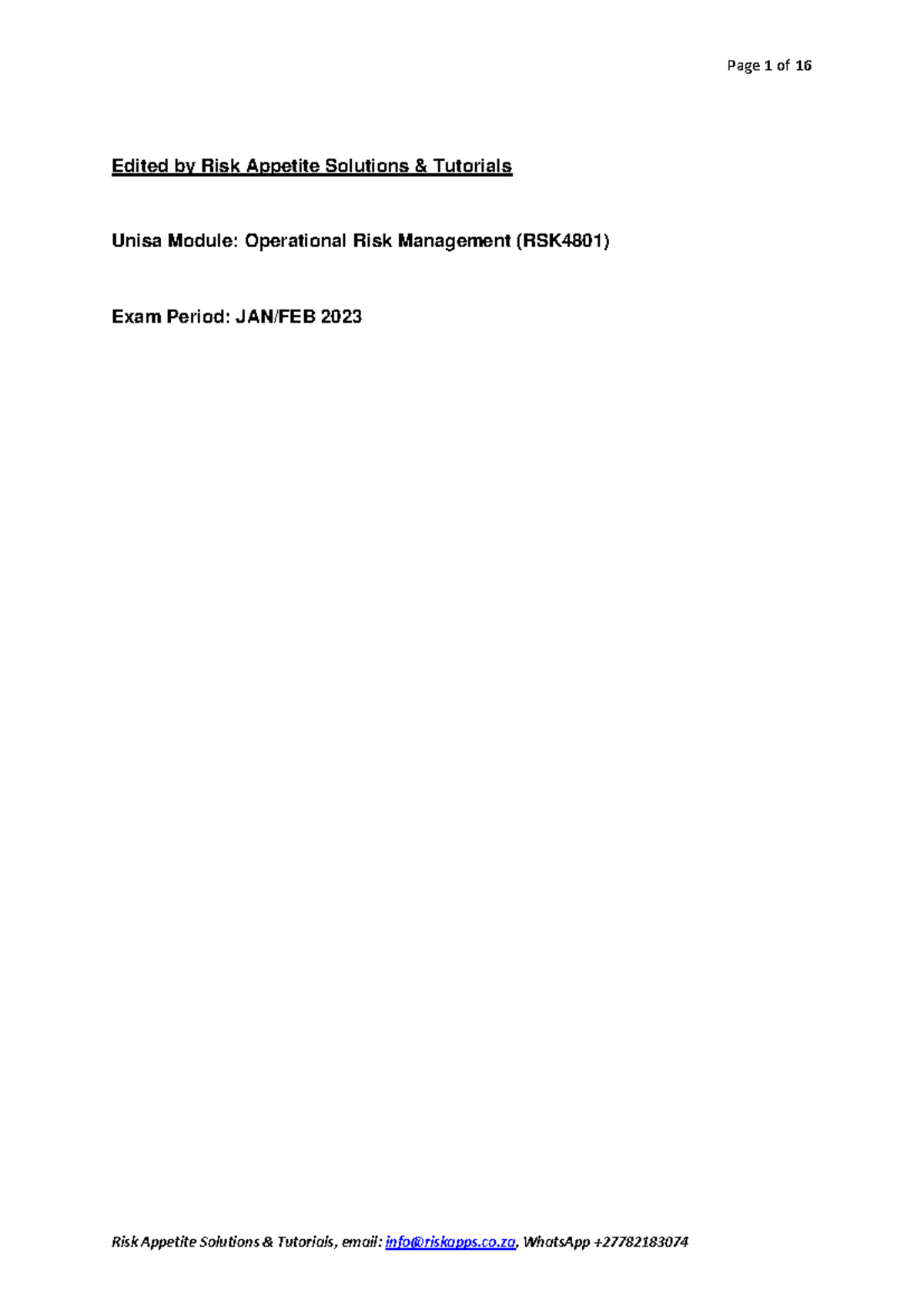 Operational Risk Management Overview - Unisa RSK4801 Exam Notes ...