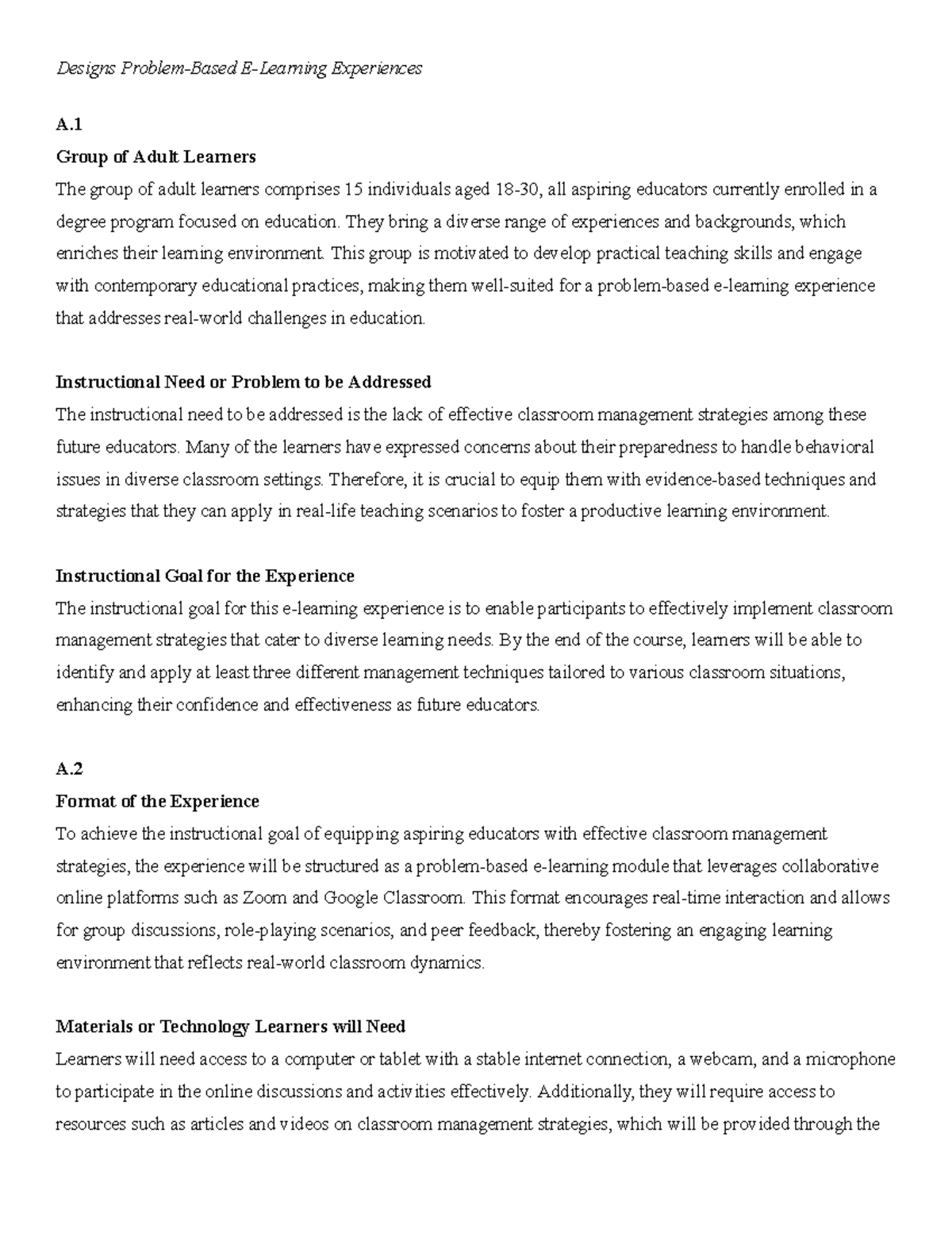 D297 Task 3 - Classroom Management Strategies for Adult Educators - Studocu