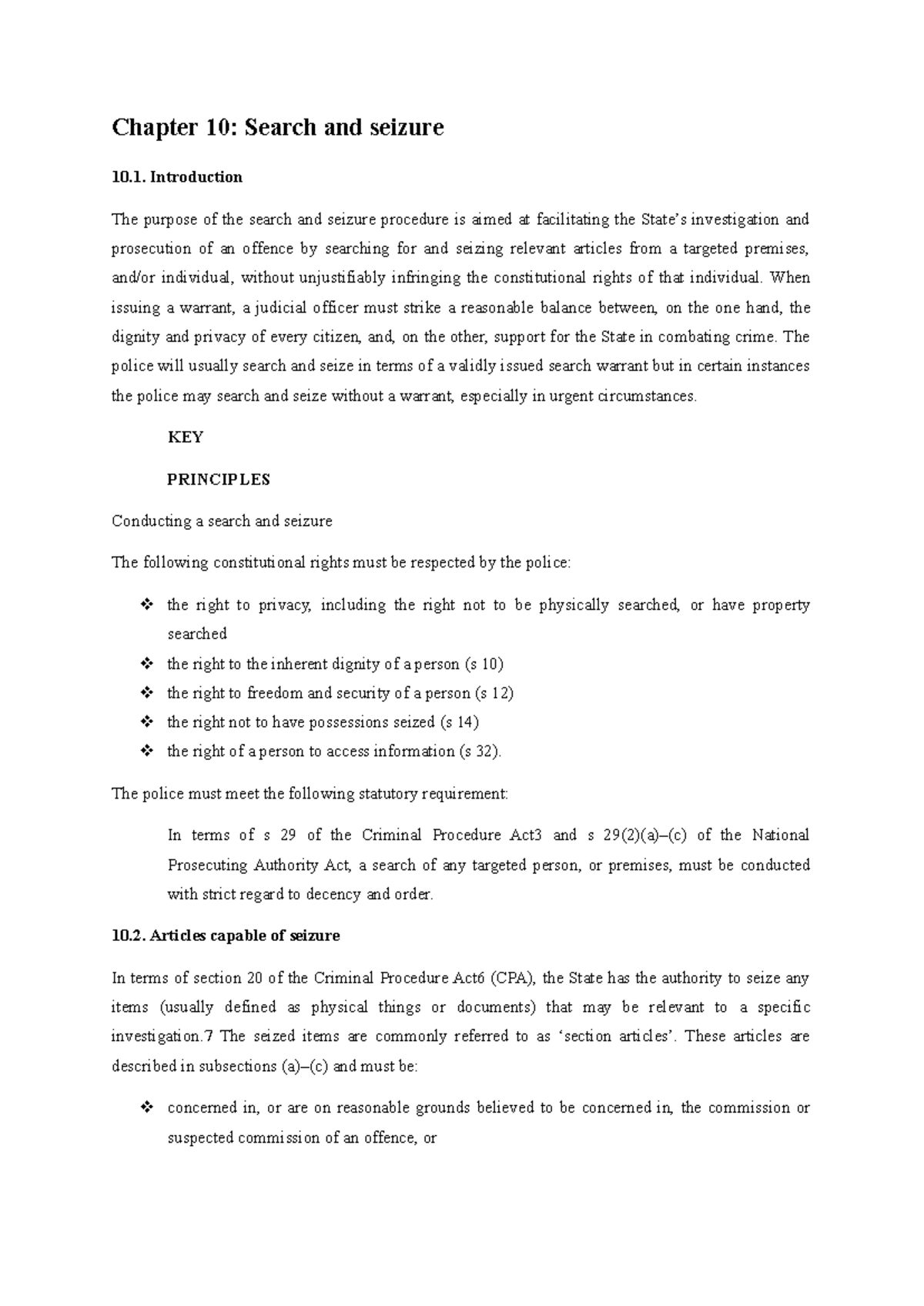 Chapter 10 Notes: Legal Framework of Search and Seizure Procedures ...