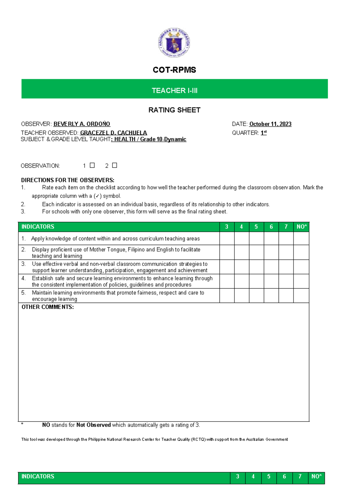 Appendix 3C COT RPMS Rating Sheet for T I III for SY 2021 2022 in the ...