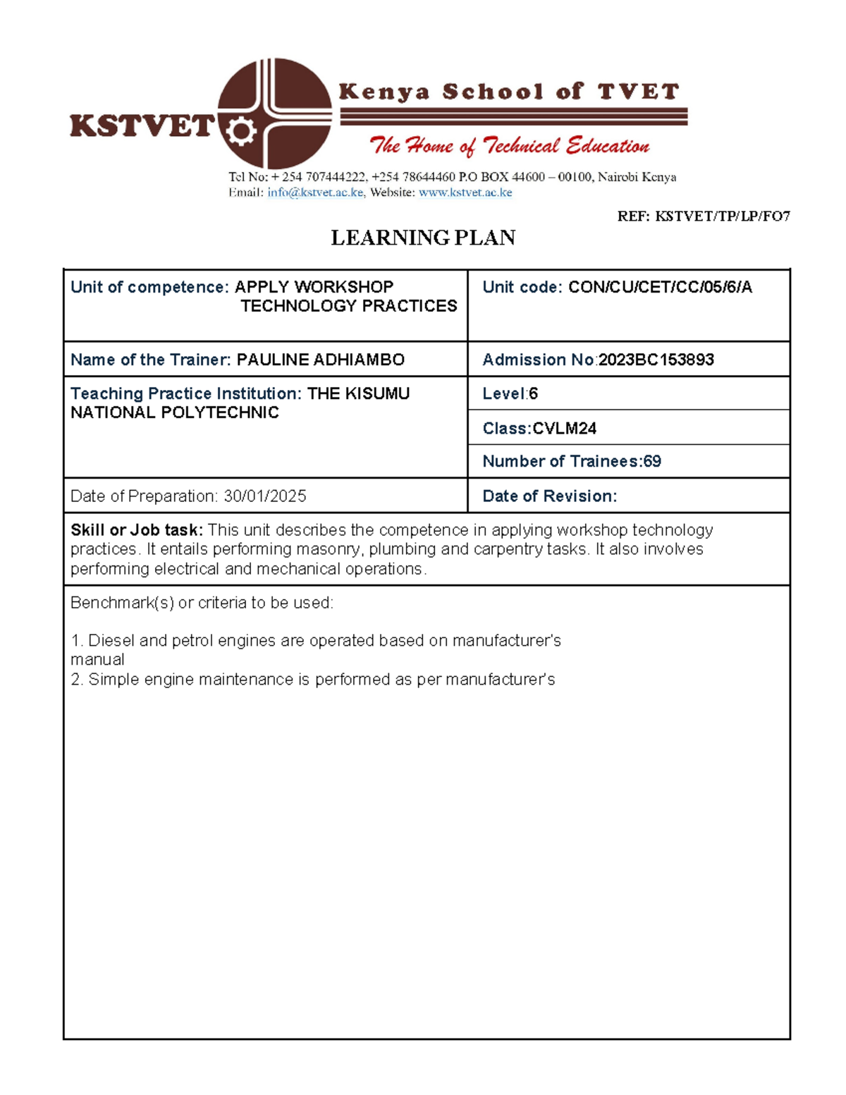Learning Plan for Workshop Technology Practices WK9 - KSTVET/TP/LP/FO ...