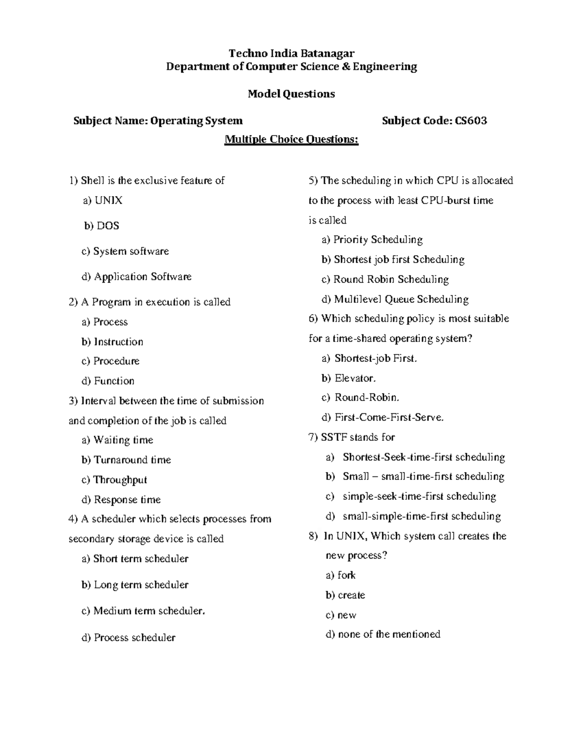 CS603 - Operating System Model Questions and Practice MCQs - Studocu