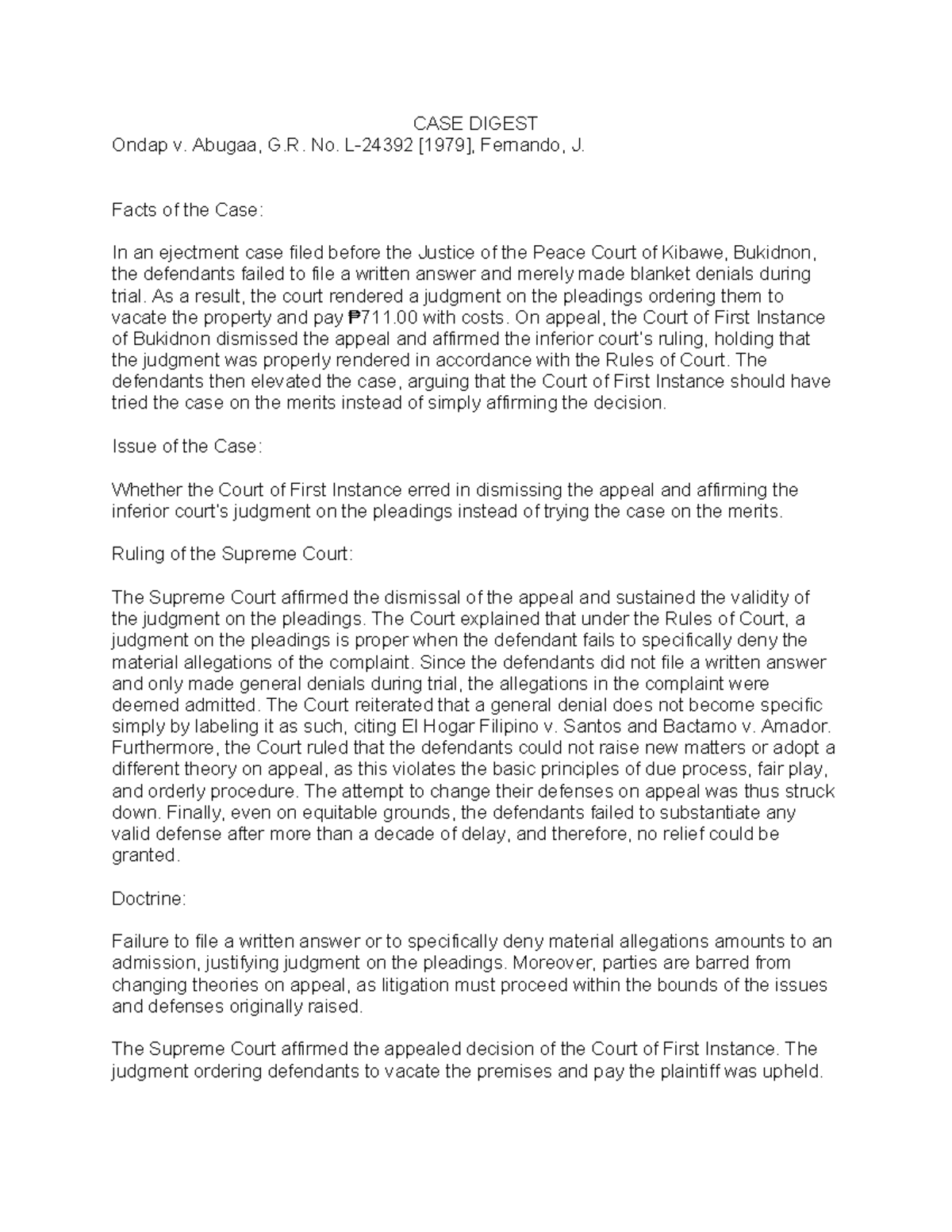 Digest of Civil Procedure: Ondap v. Abugaa Case Summary - Studocu