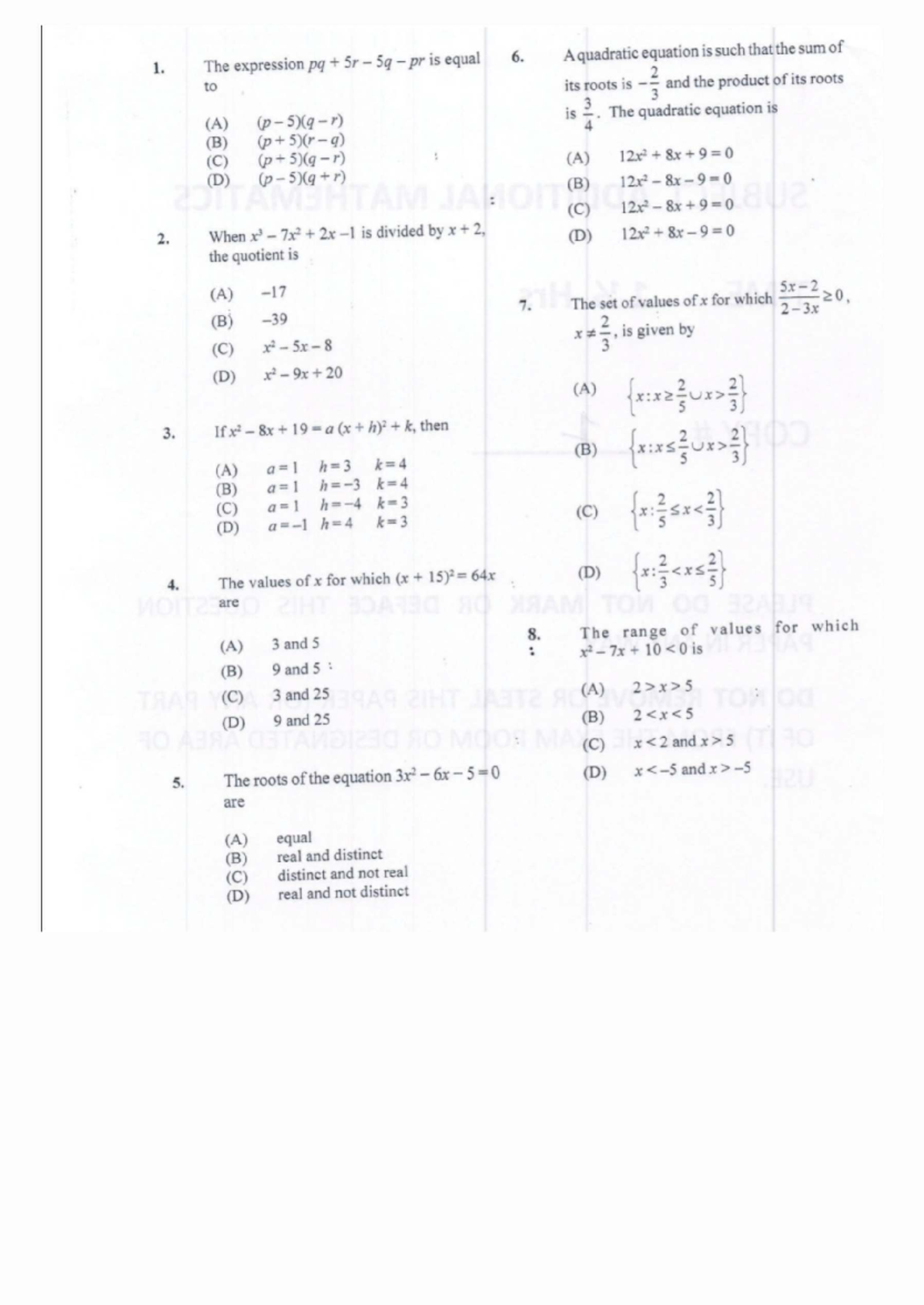 ADD Maths MC 251117: Practice Questions and Solutions - Studocu