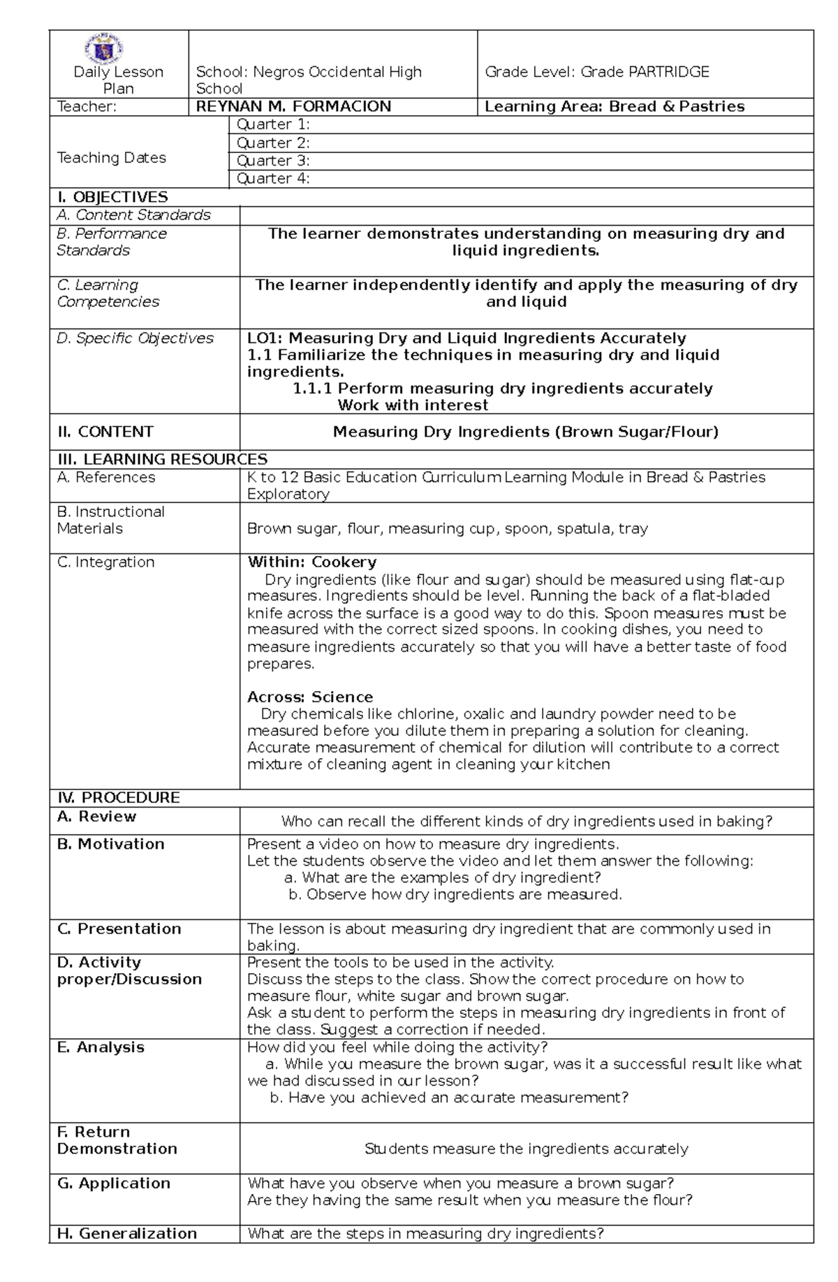 LP-BP-Q1W3 - Lesson Plan for BREAD AND PASTRY - Daily Lesson Plan ...