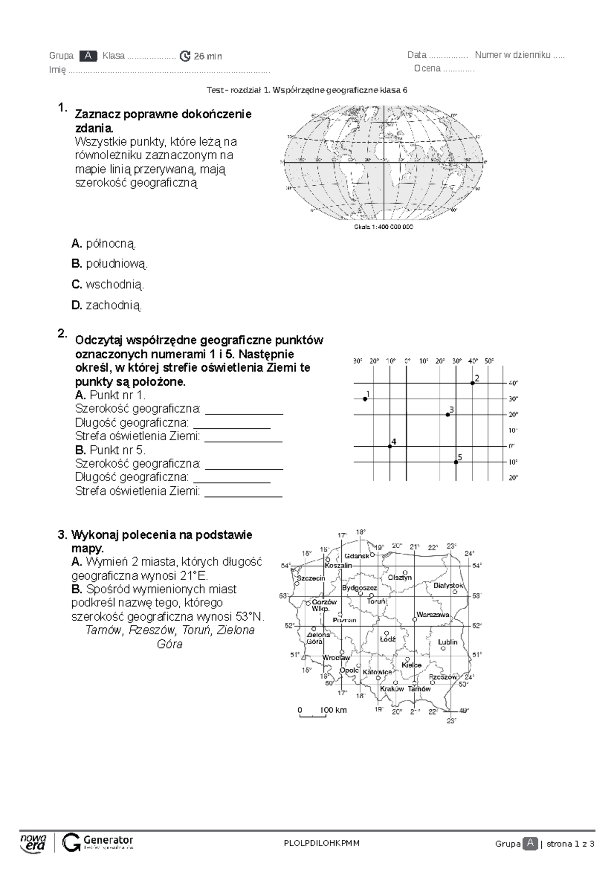 Test - Rozdział 1: Współrzędne Geograficzne Klasa 6 - SPE - Studocu