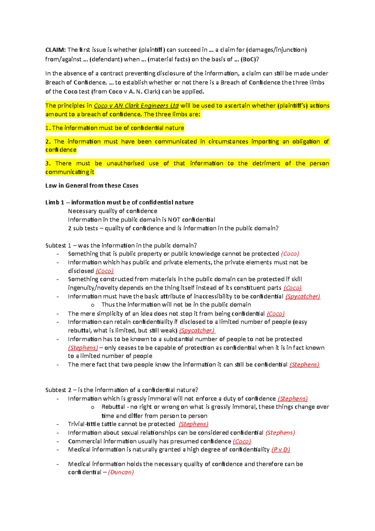 LAWS122 Cheat Sheet and Case Summaries End of Year Test Final Exam ...