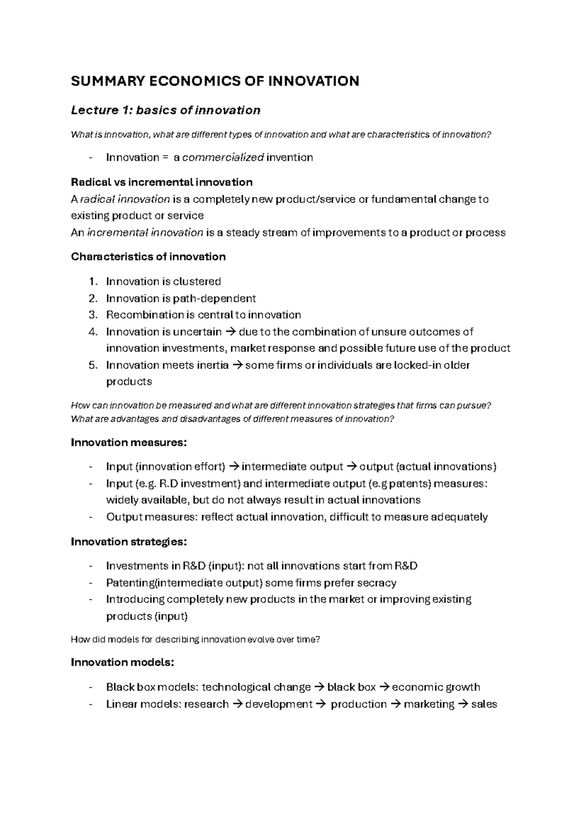 SUMMARY ECONOMICS OF INNOVATION Lecture 1: Key Concepts and Strategies ...