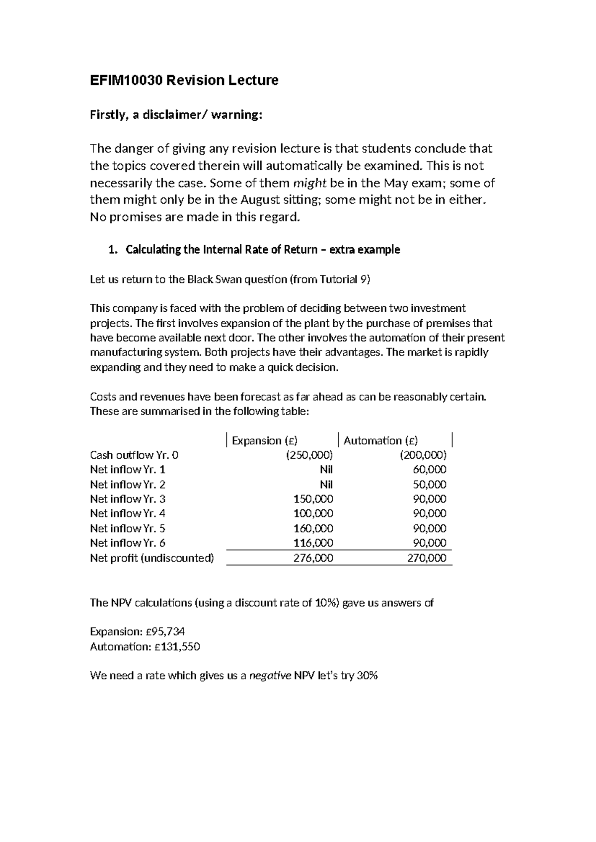 EFIM10030 Revision Lecture: Key Concepts and Calculations - Studocu