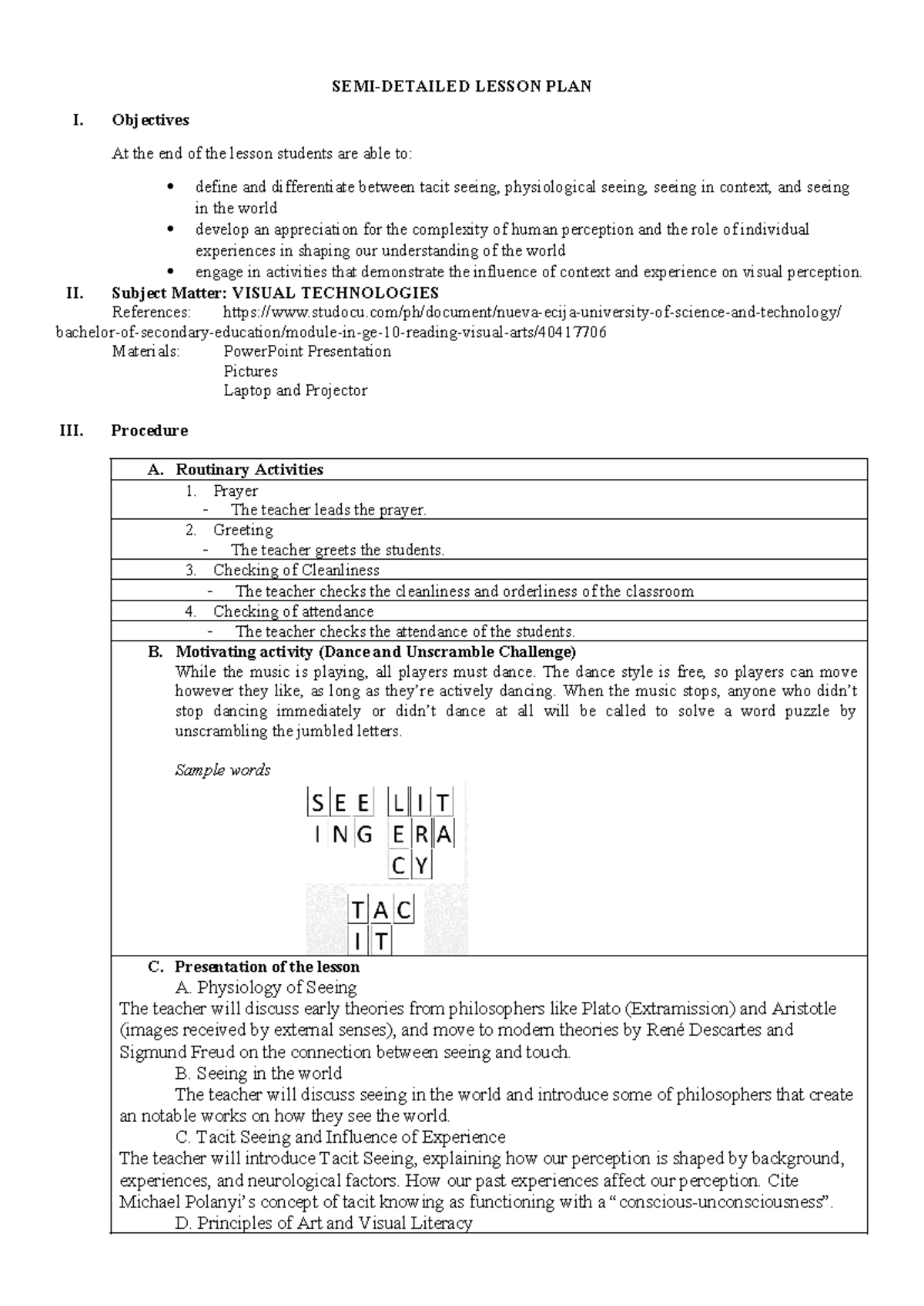 GEN ED 10 Visual Technologies: Comprehensive Lesson Plan - Studocu