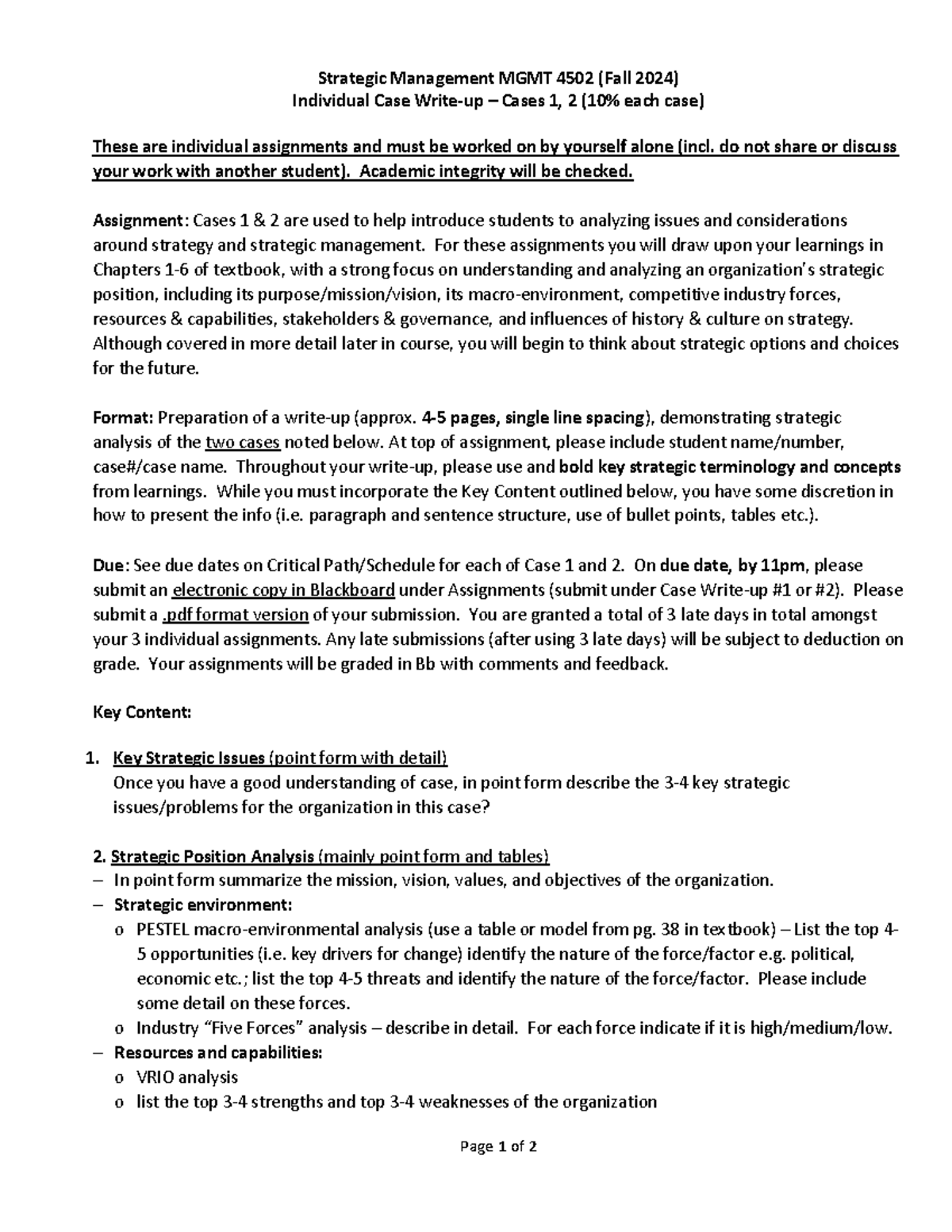 Individual case write-up 1 and 2 - Fall 2024 - Page 1 of 2 Strategic ...