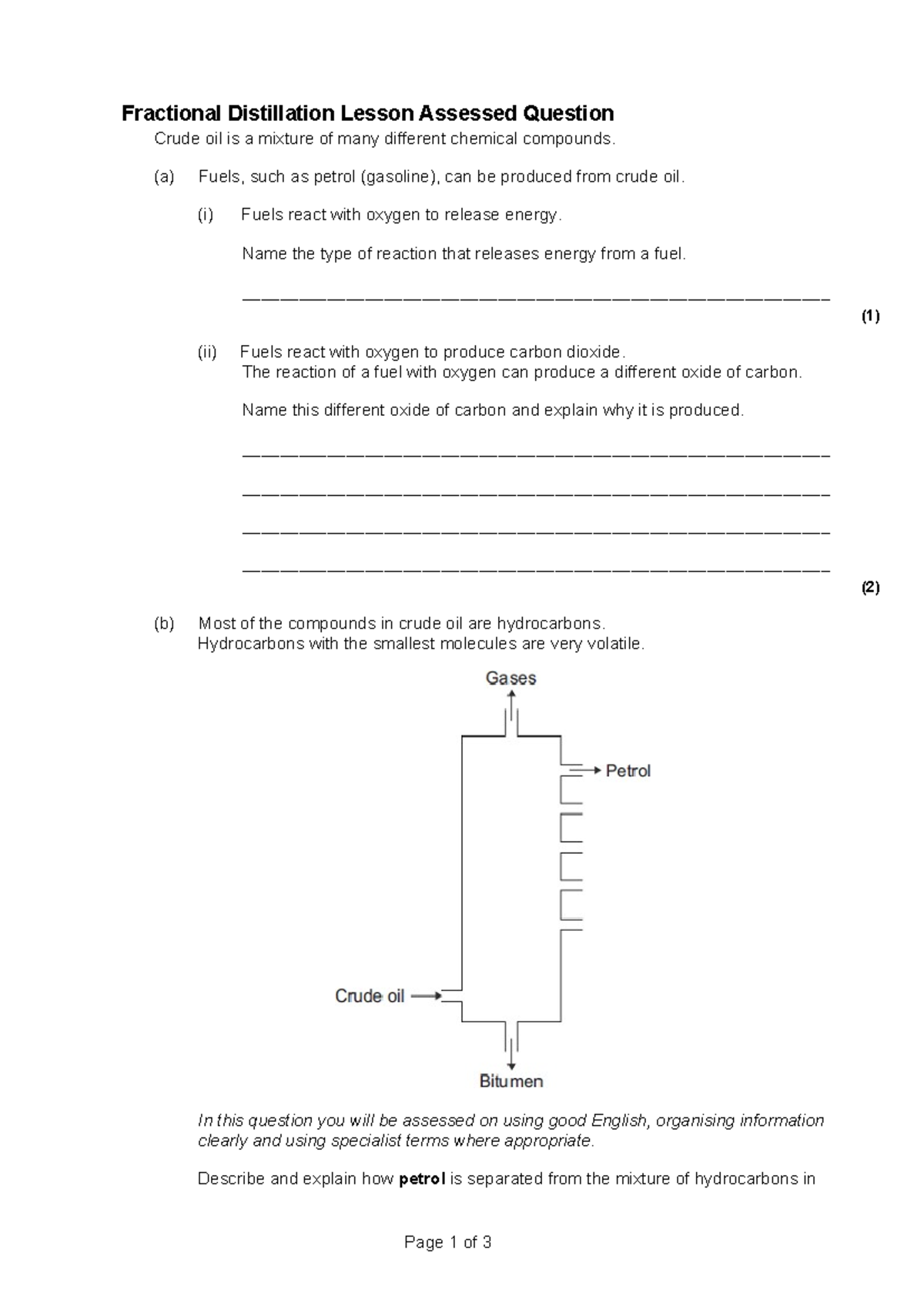 Fractional Distillation Assessment Qs - Chemistry (CHEM202) - Studocu