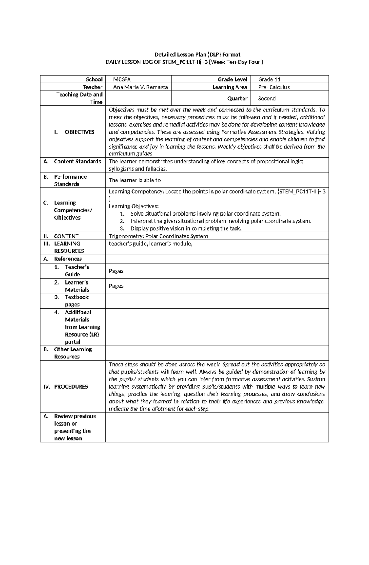 PC II-40 - lesson plan math pre cal - Detailed Lesson Plan (DLP) Format ...