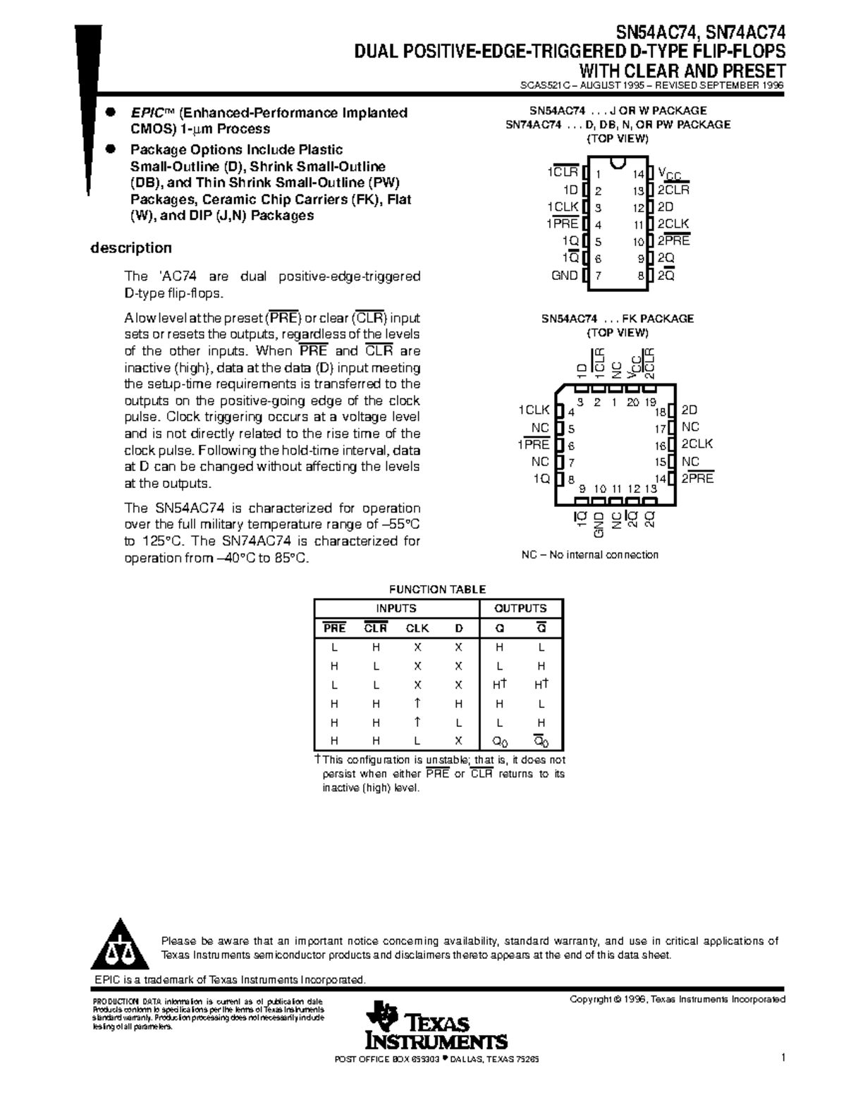 SN54AC74, SN74AC74 DUAL WITH CLEAR AND PRESET SCAS521C - Circuit ...
