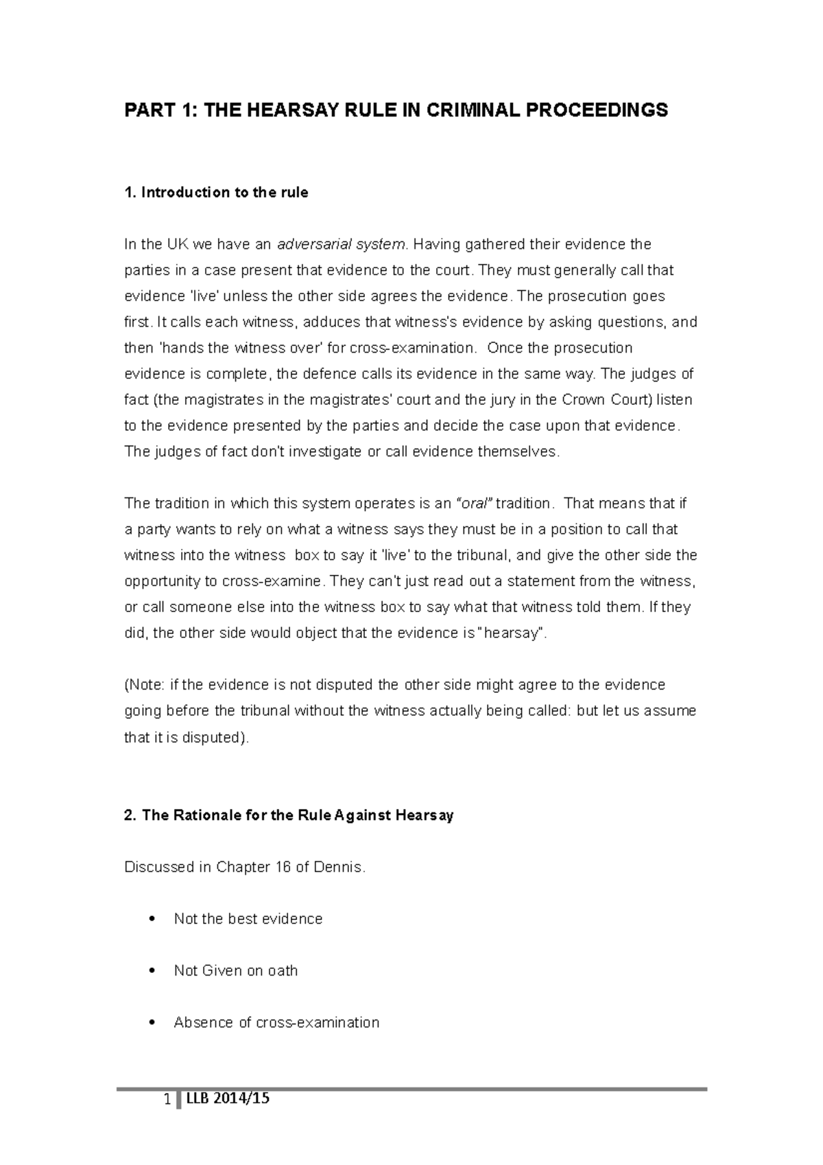 SU 9 Hearsay - PART 1: THE HEARSAY RULE IN CRIMINAL PROCEEDINGS ...