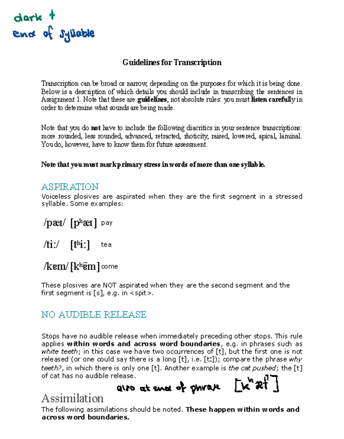 Transcription Guidelines for Assignment 1: Dark T End of Syllable - Studocu