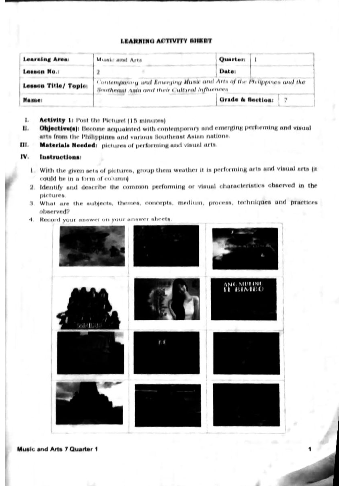 Document - yes - LEARNING ACTIVITY SHEET Learning Area: Mumic and Arts ...