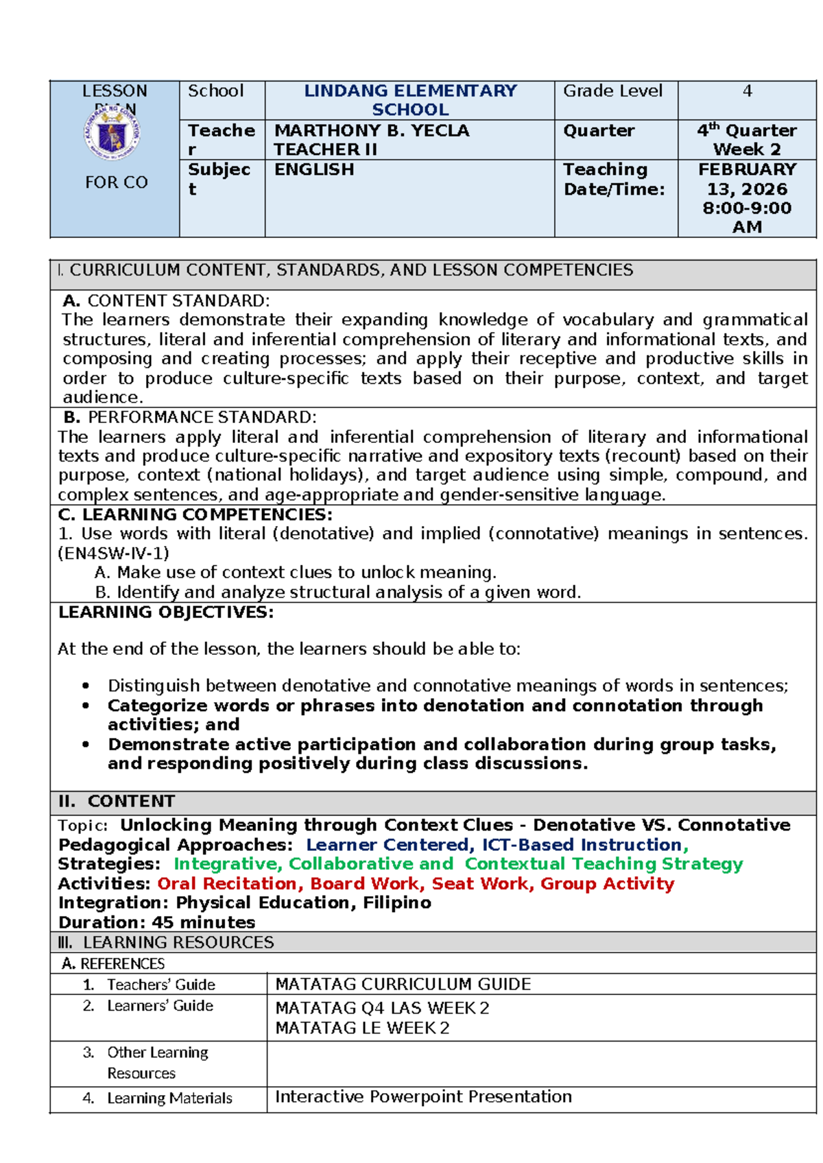 COT Q4 English 4 Week 2 Lesson Plan: Denotation vs. Connotation - Studocu