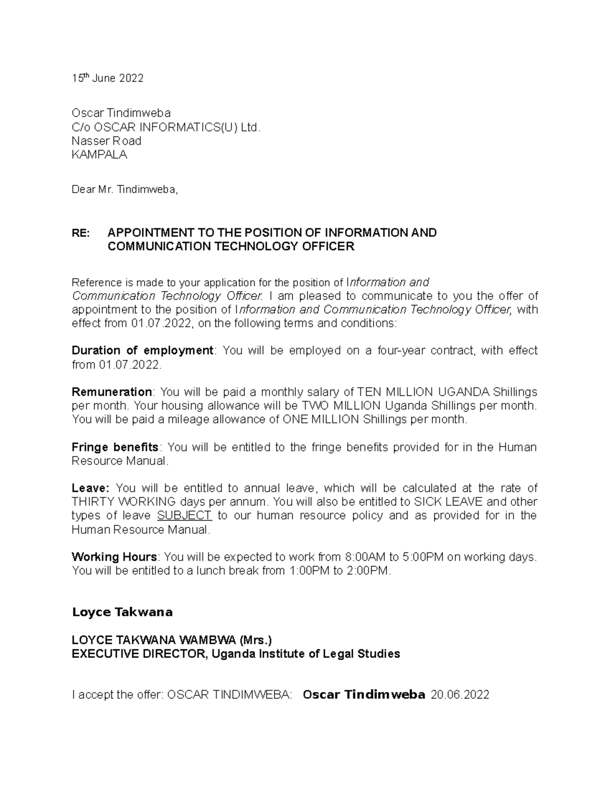 Appointment Letter for ICT Officer - OSCAR INFORMATICS(U) Ltd. - Studocu