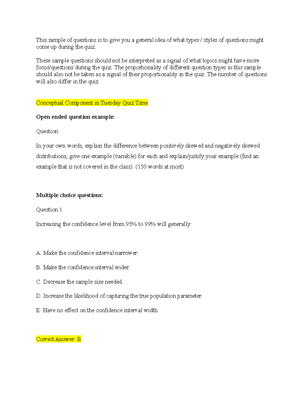Answer Key Sample Questions for Quiz 2 - This sample of questions is to ...