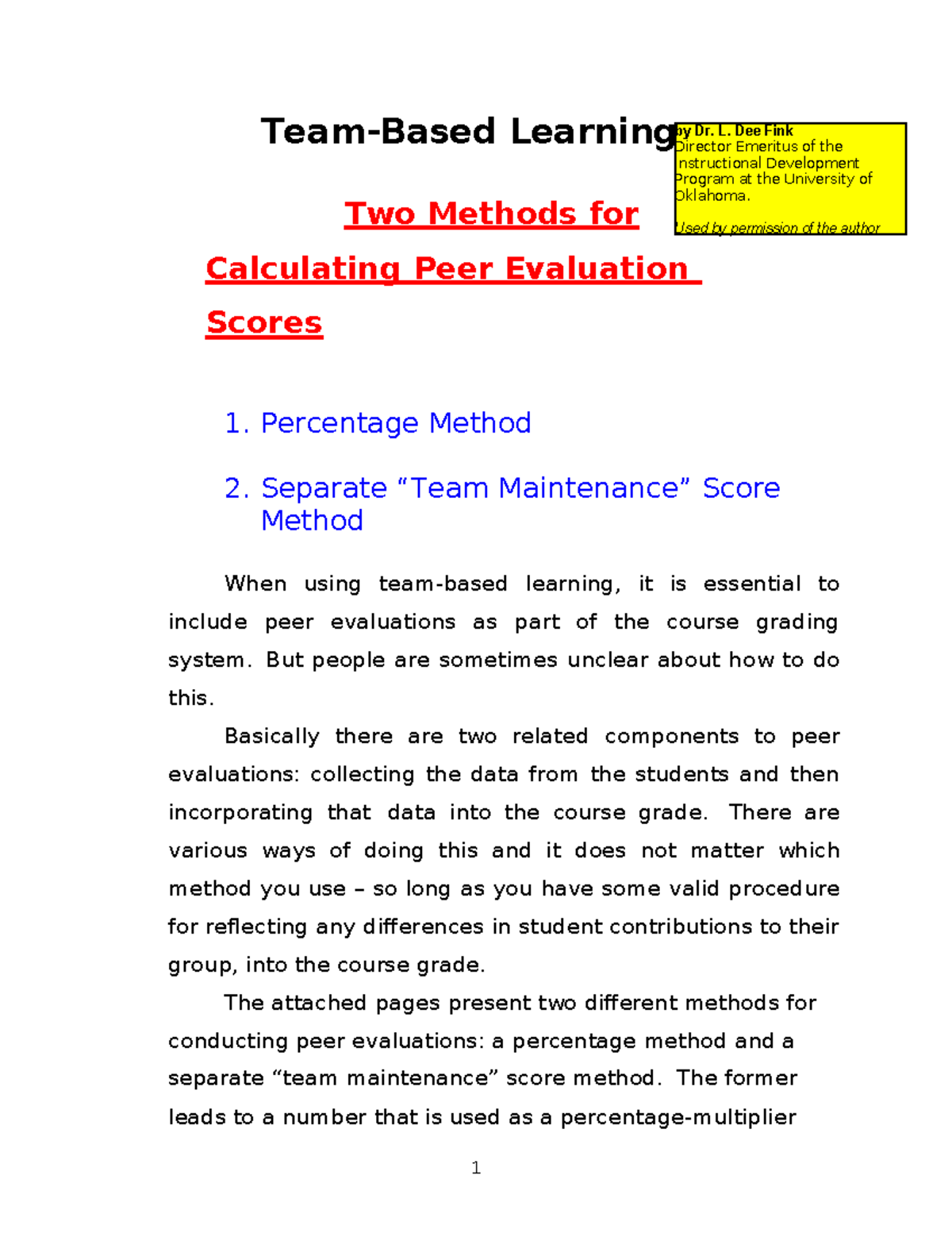 Peer Evaluation Methods for Team-Based Learning (TBL) - Overview - Studocu