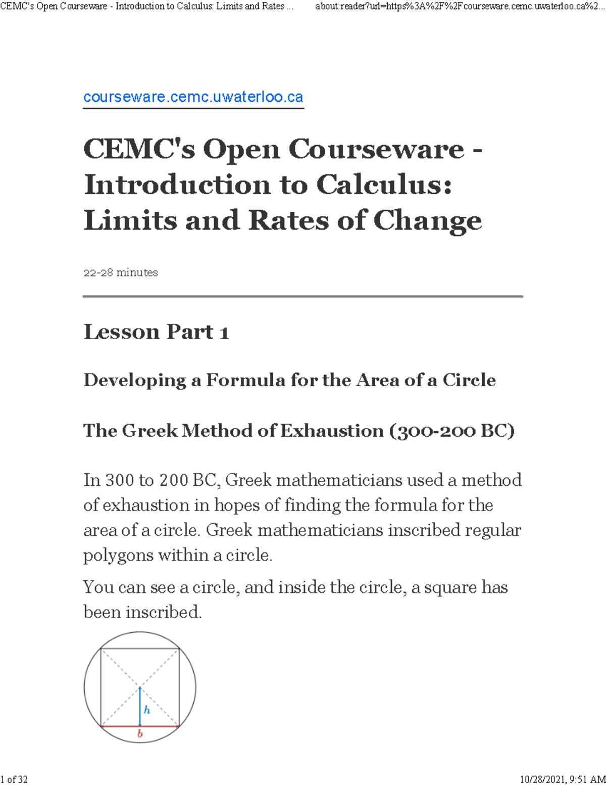 CEMC Open Courseware: Intro to Calculus Limits & Rates of Change - Studocu