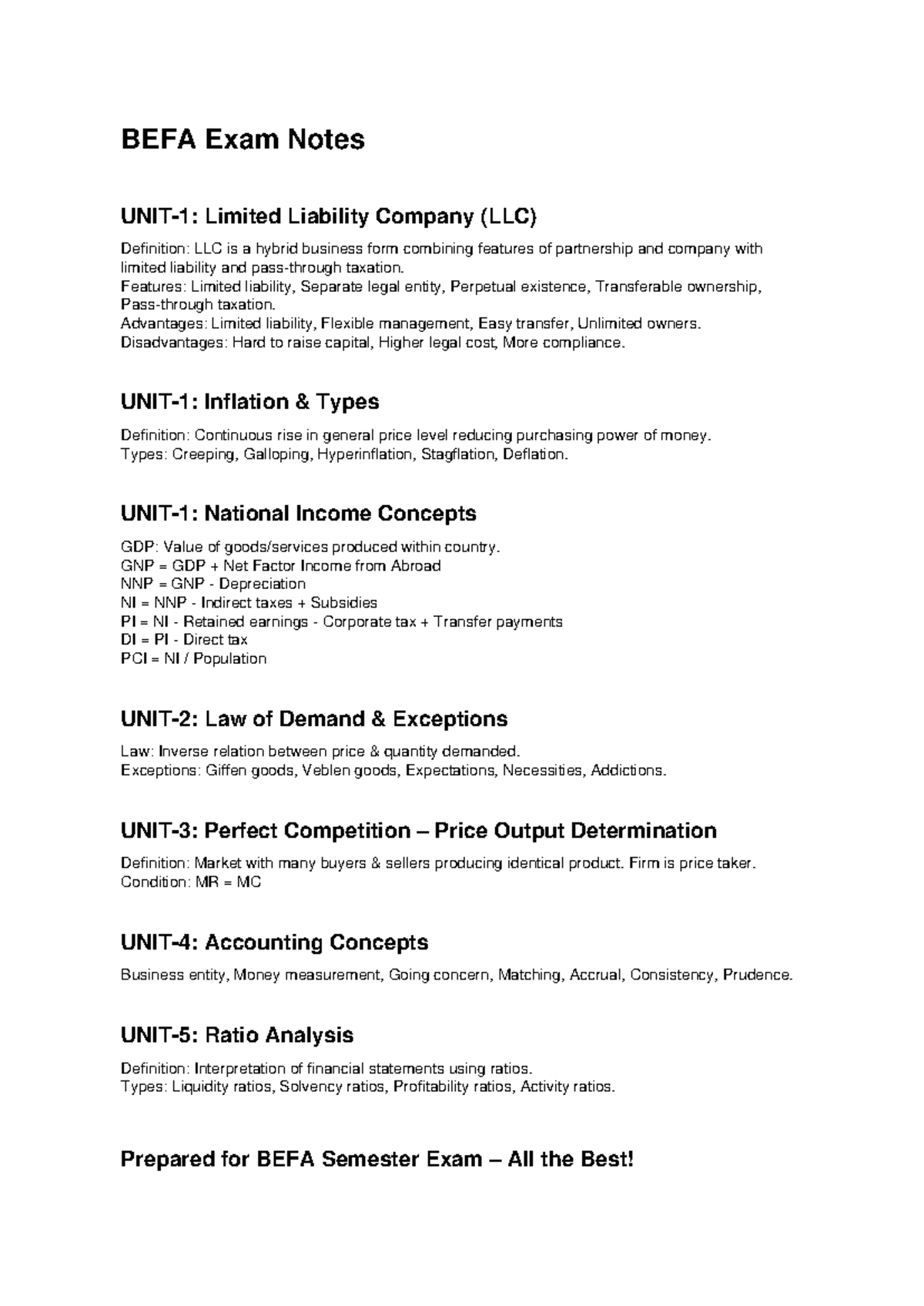 BEFA Exam Notes: LLC, Inflation, National Income & Competition Concepts ...