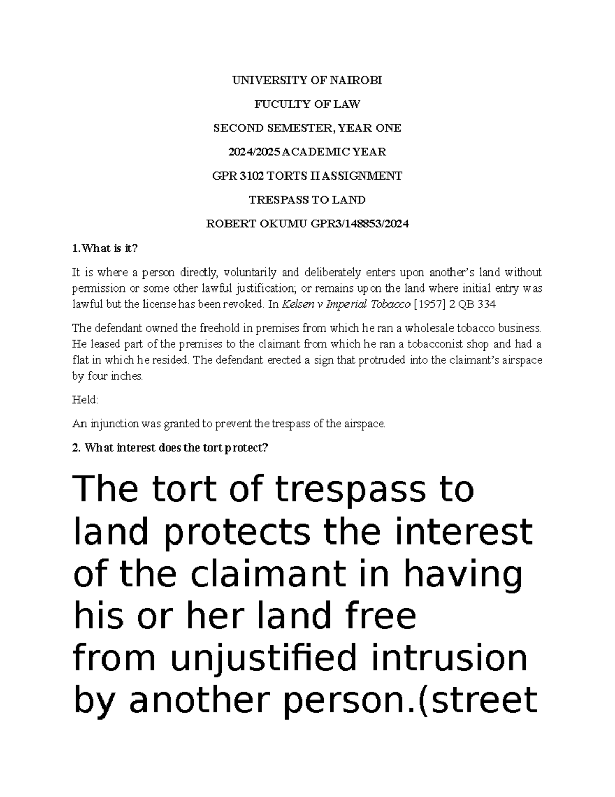 GPR 3102 Torts II Assignment: Understanding Trespass to Land - Studocu