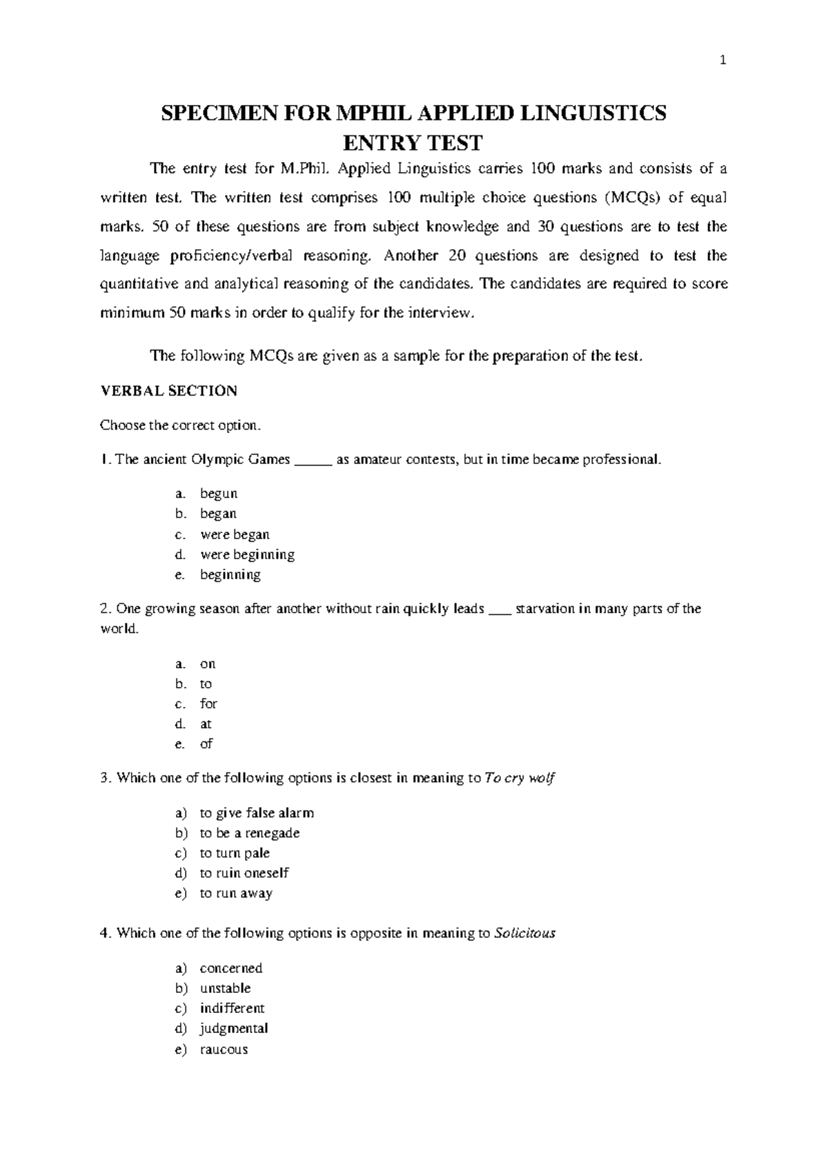 MPhil AL Entry Test Sample Questions for Preparation - Studocu