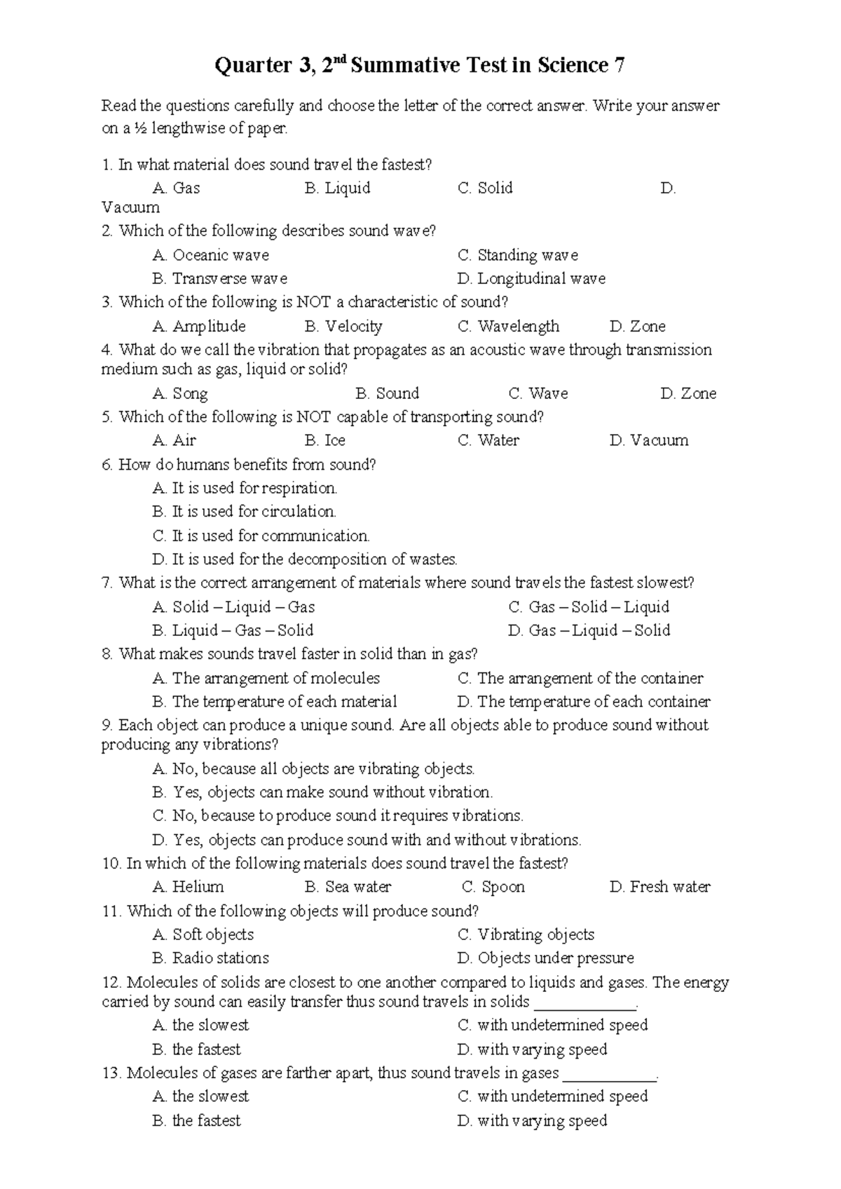 Q3 Sci7 Summative Test - Sound Waves & Propagation Concepts - Studocu